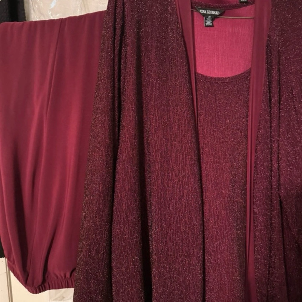 Nina Leonard Metallic Wine-Red Cardigan & Shell Set